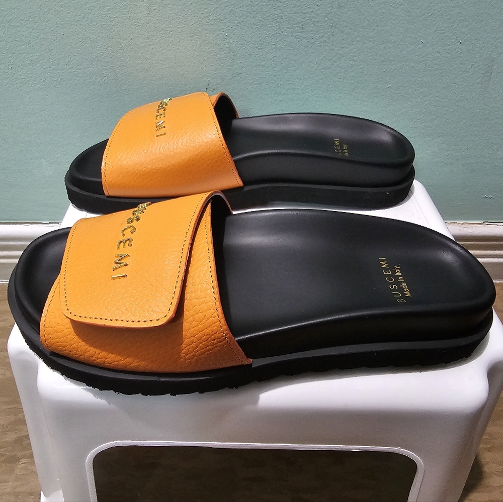 NIB BUSCEMI Scratch Pebbled Leather Orange Black Slides Sandals sz 37 - Picture 4 of 10